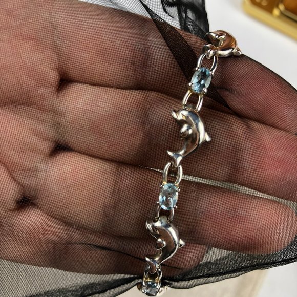 Macy’s Sterling Silver 925 Aqua Marine Dolphin Bracelet Coastal Glamcore Dainty - Picture 8 of 14